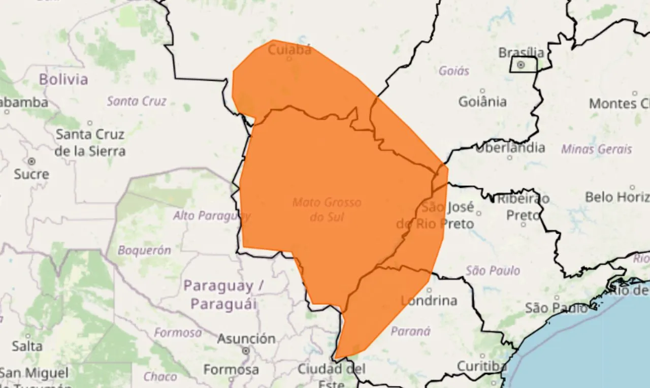 O mapa mostra as áreas em alerta para vendaval
